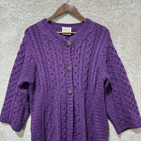 Kilronan Knitwear 100% Pure New Wool Cardigan Large Purple Chunky Knit Sweater - Picture 2 of 10
